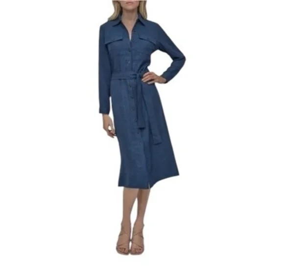 DKNY Denim Blue Long Sleeve Belted Midi Shirtdress Cotton Robe Dress Size 6 - Picture 1 of 6